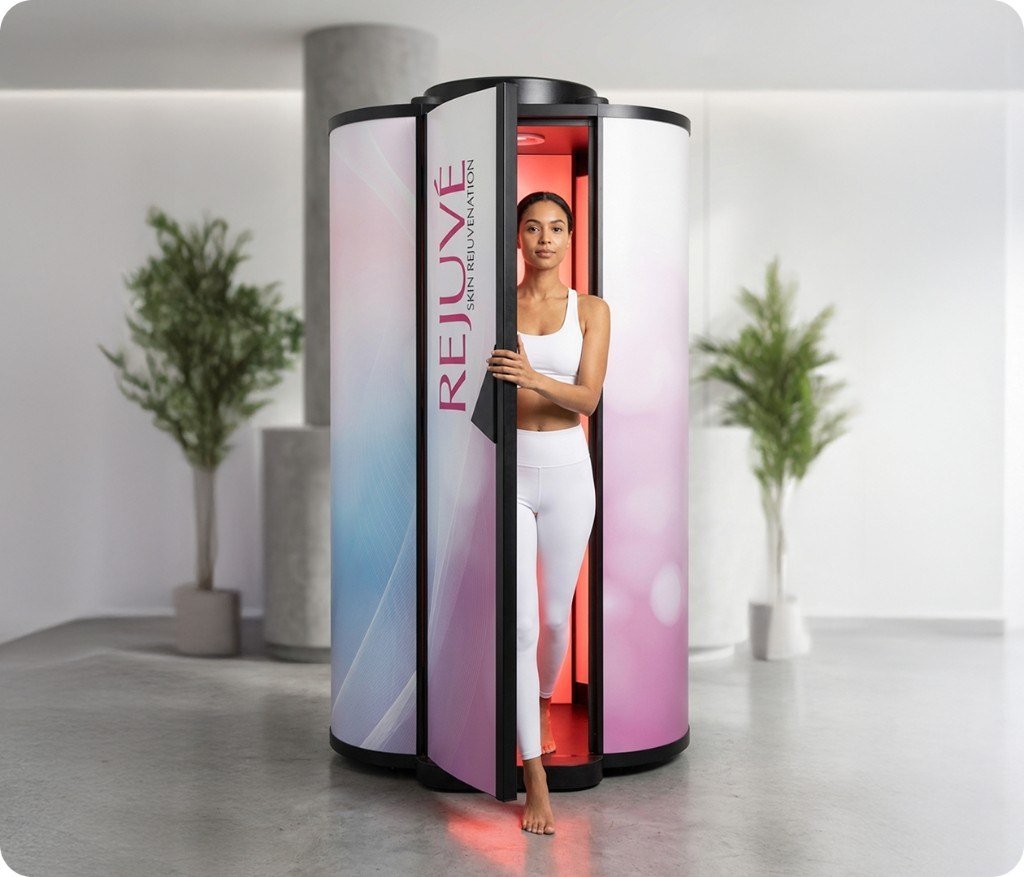 Client stepping out of the EXCELL Rejuvé skin rejuvenation booth