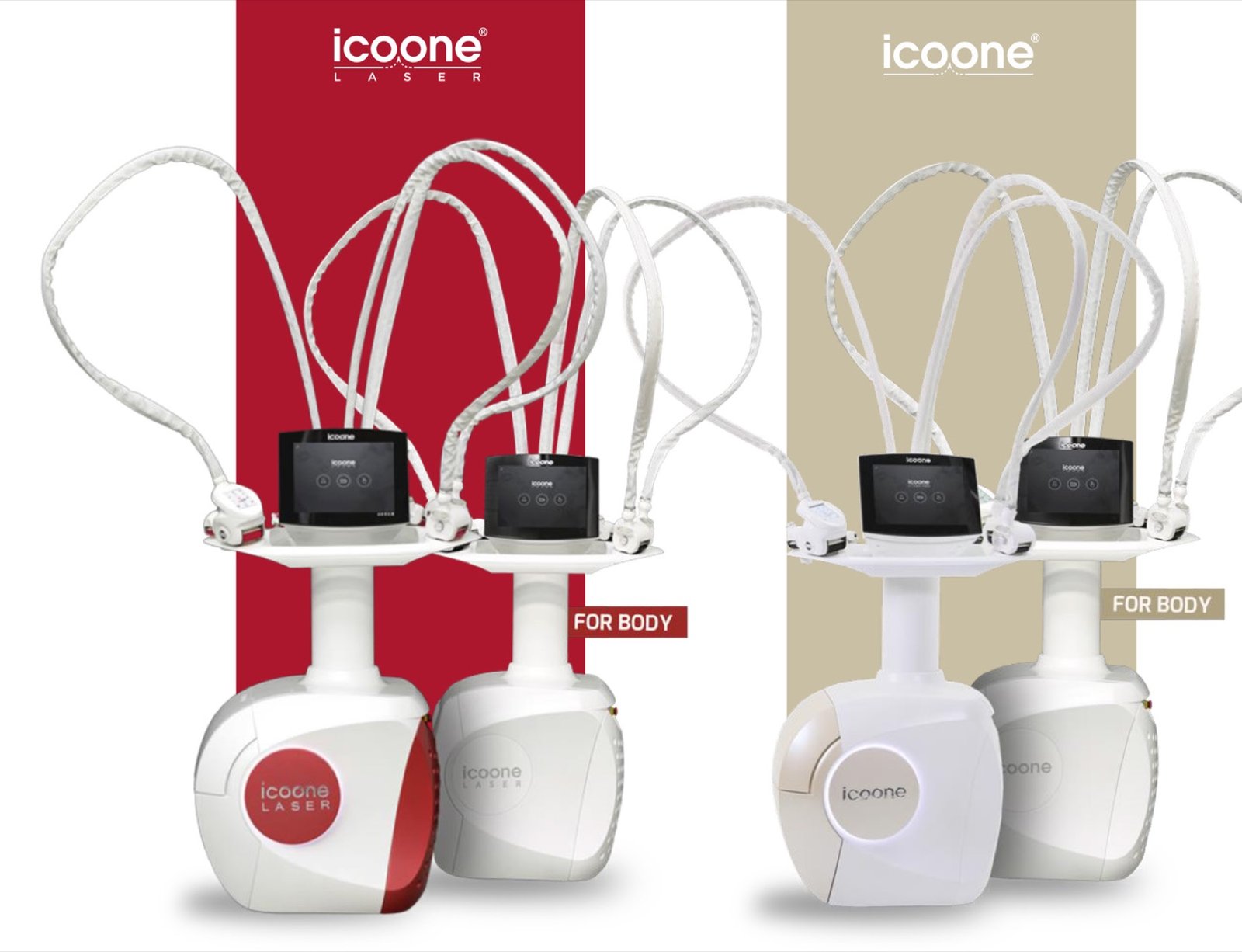 icoone Beauty range: icoone LASER, icoone LASER FORBODY, icoone, and icoone FORBODY
